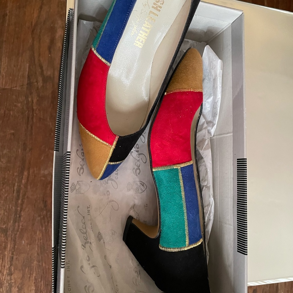 Spanish leather, vintage heels, multi colored suede